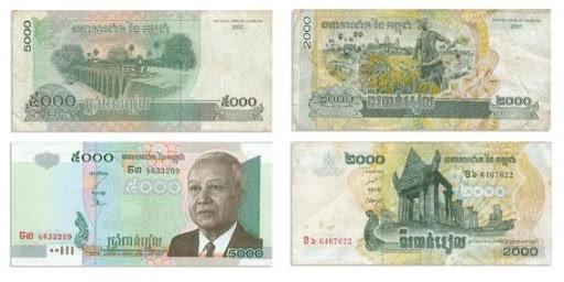Les billets de riels aujourd'hui. Le visage du Roi Norodom Sihanouk est affiché sur ceux de 5 000 riels. Ils ont été mis en circulation le 1er avril 1980.