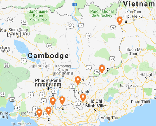 Carte des postes de frontière entre le Cambodge et le Vietnam.