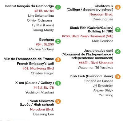 Lieux d'expositions du Photo Phnom Penh Festival 2018 : Institut Français du Cambodge - Bophana Center - Ambassade de France - X-em Gallery - Lycée Preah Sisowath - Collège Chaktomuk - Sleuk Rith Gallery - Java Café - Koh Pich